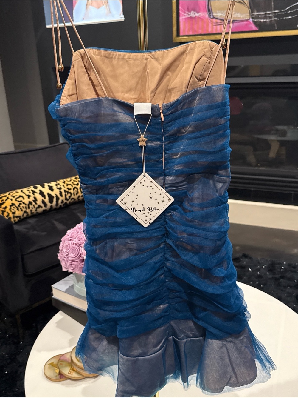 Blue Ruched Strap Mini Dress with Ruffle Hem - Picture 2 of 3